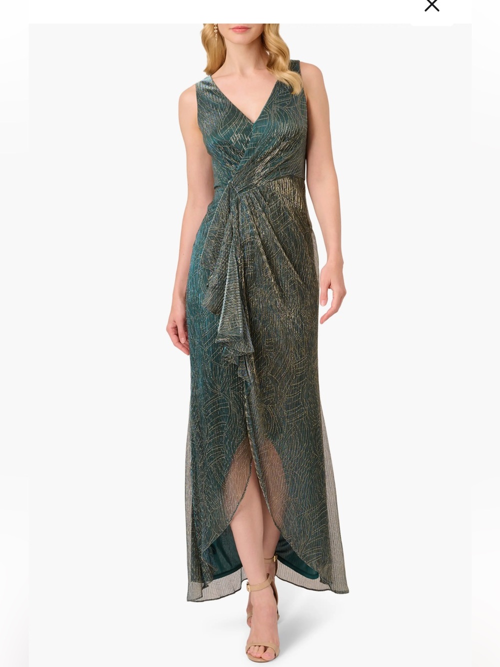 Adrianna Papell Teal Metallic Sleeveless Mesh High Low Gown long dress formal 16